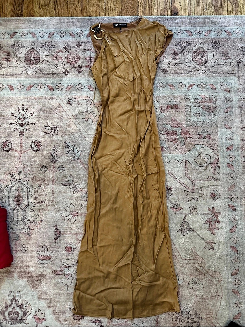 Zara Satin Effect Asymmetric Midi Dress gold  XS